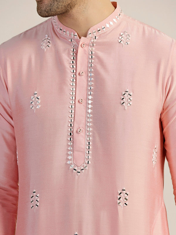 Baby Pink Silk Blend Mirror Work Kurta