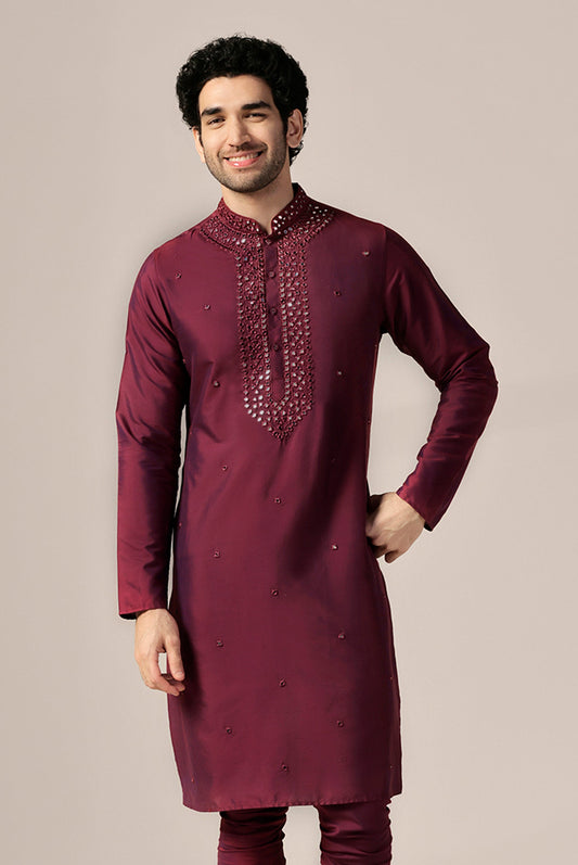 Maroon Silk Blend Embroidered Long Kurta