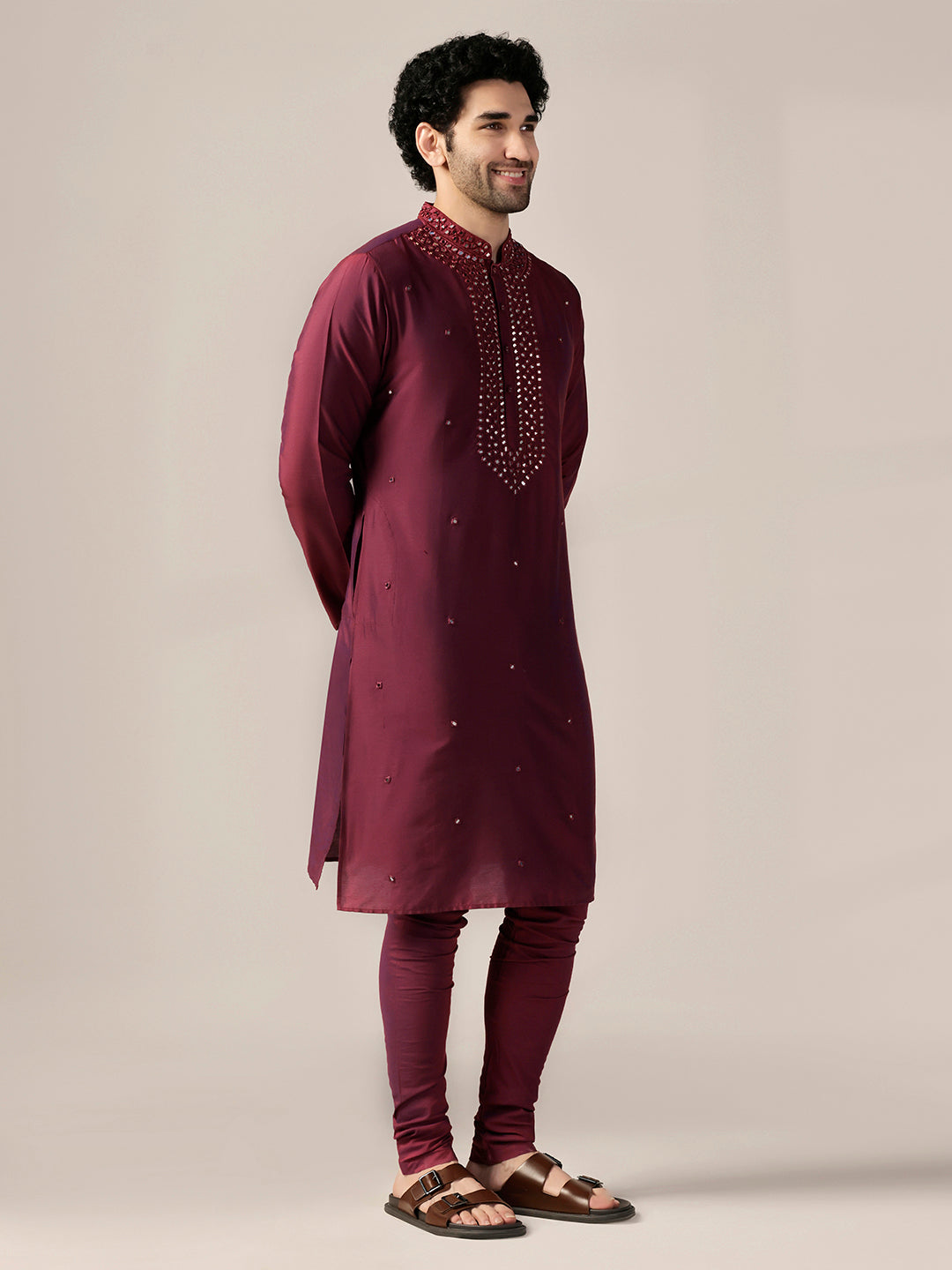 Maroon Silk Blend Embroidered Long Kurta