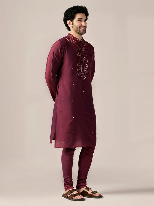 Maroon Silk Blend Embroidered Long Kurta