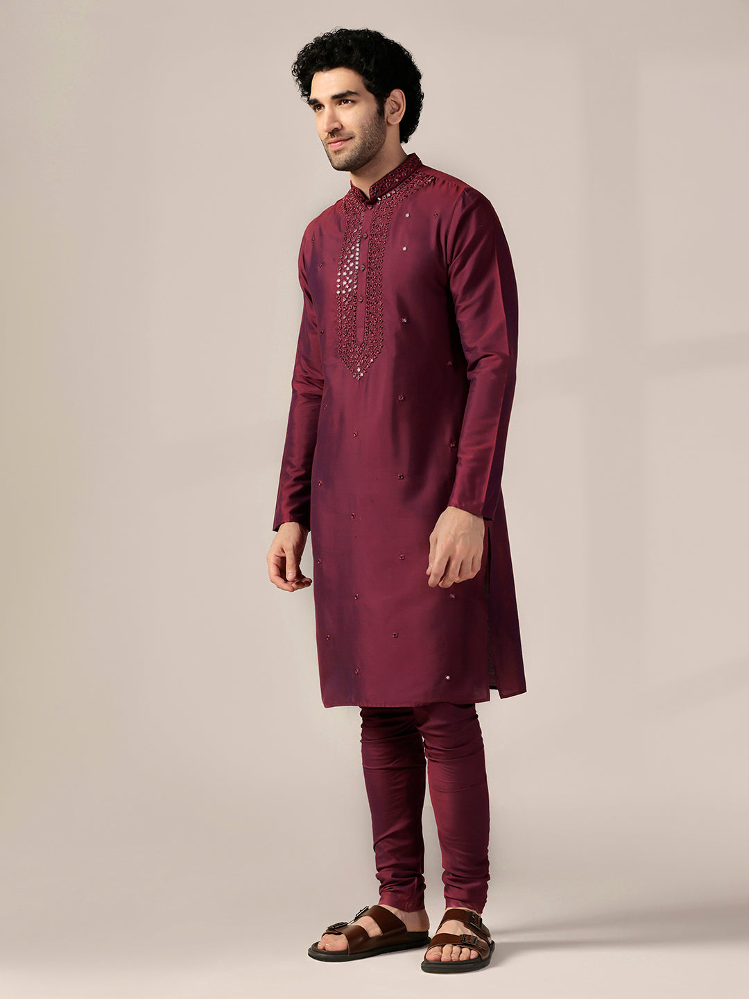 Maroon Silk Blend Embroidered Long Kurta