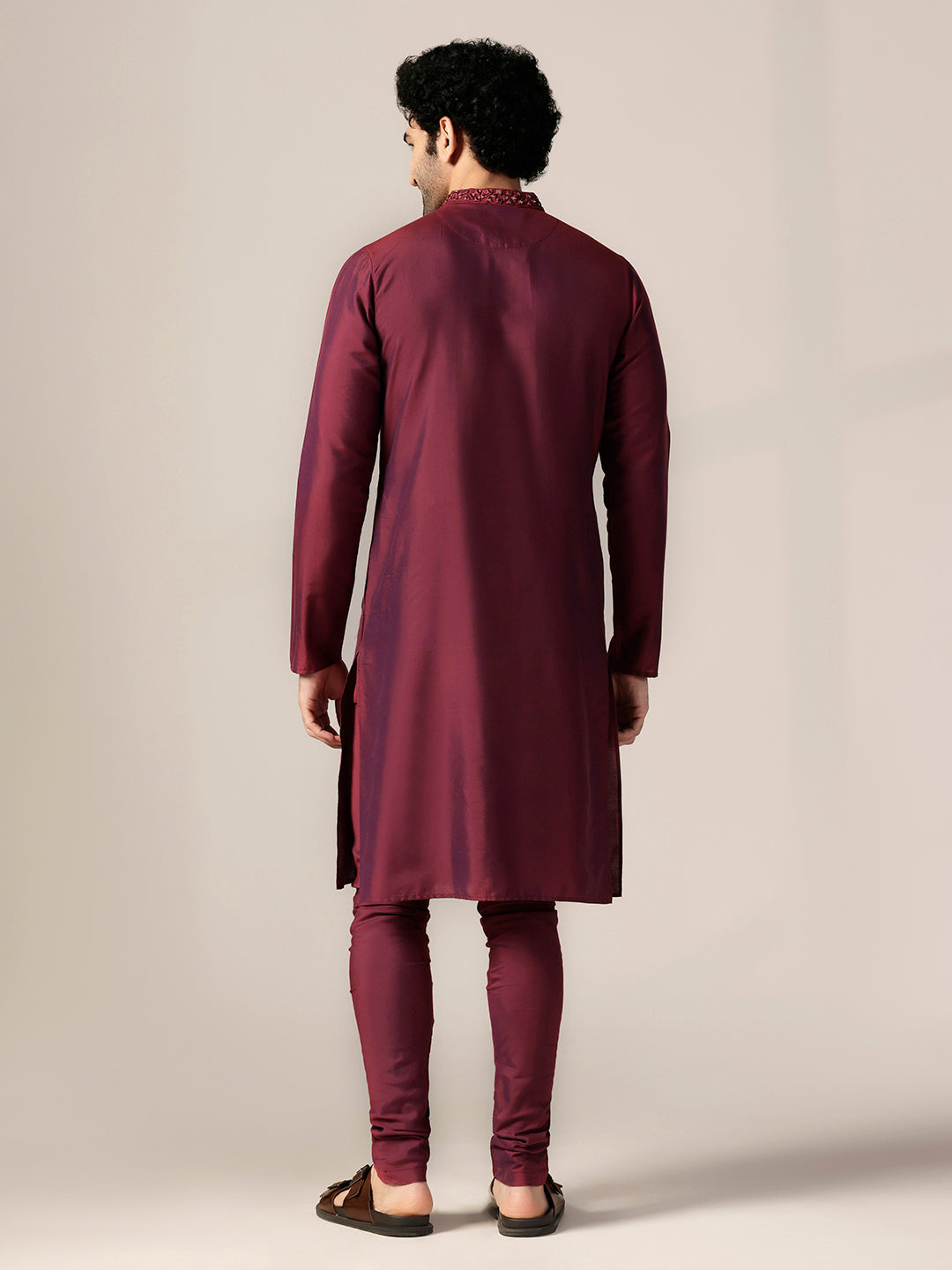 Maroon Silk Blend Embroidered Long Kurta