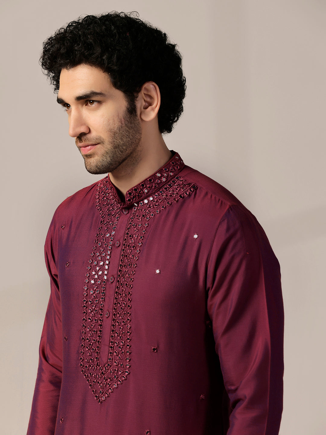 Maroon Silk Blend Embroidered Long Kurta