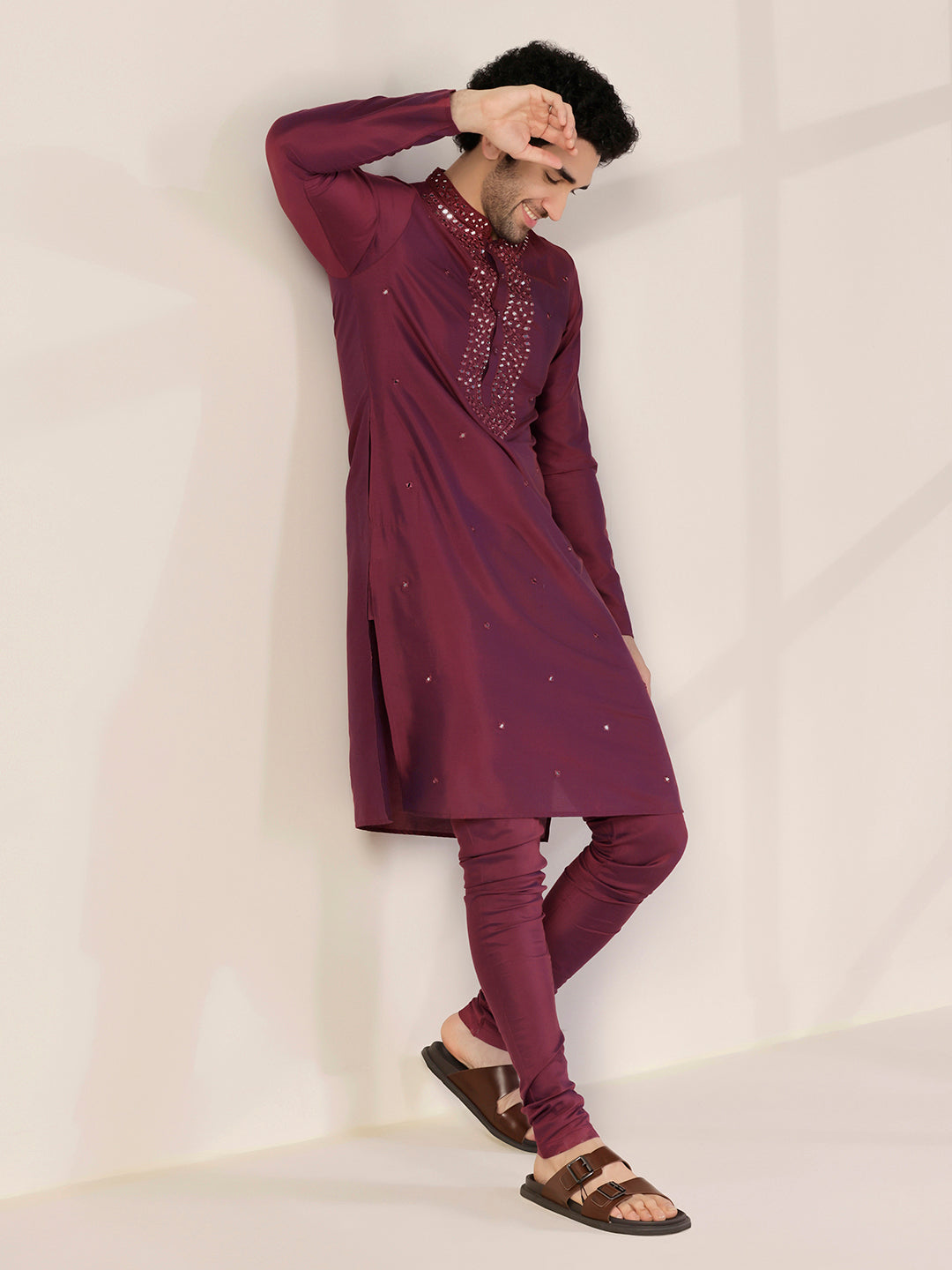 Maroon Silk Blend Embroidered Long Kurta