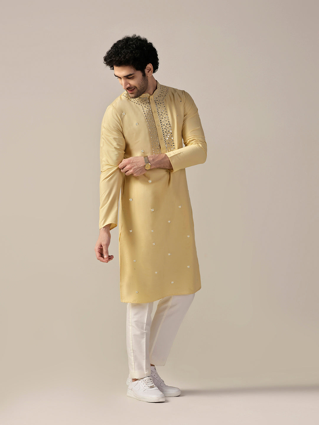 Yellow Silk Blend Heavy Mirror Work Kurta