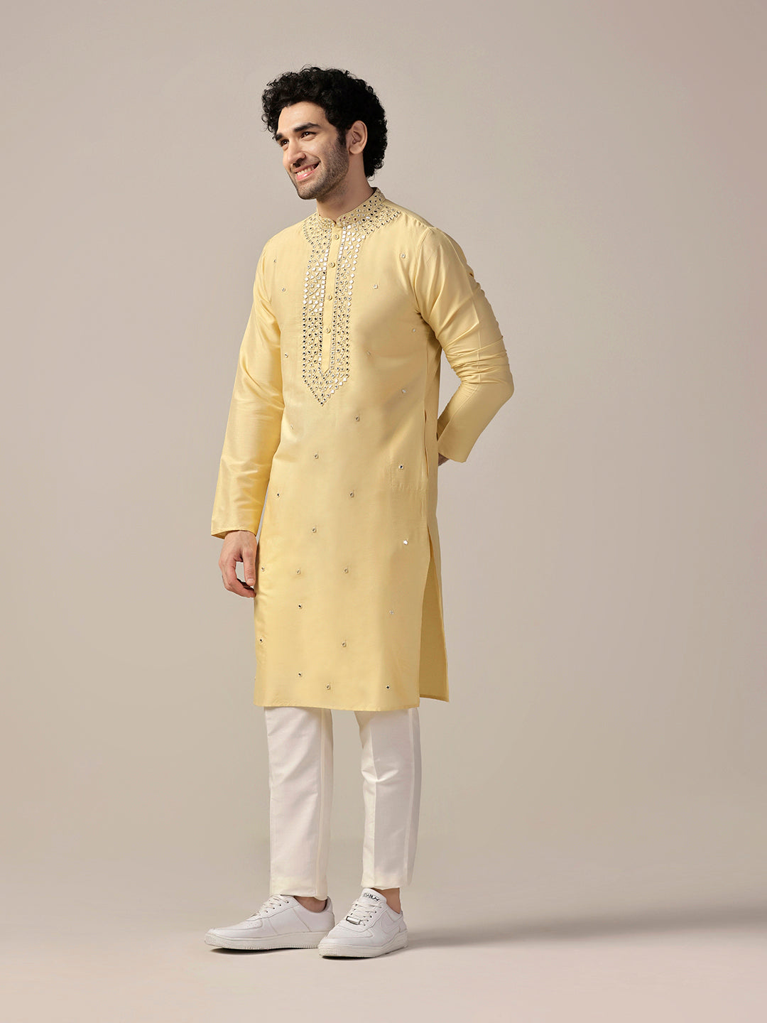 Yellow Silk Blend Heavy Mirror Work Kurta