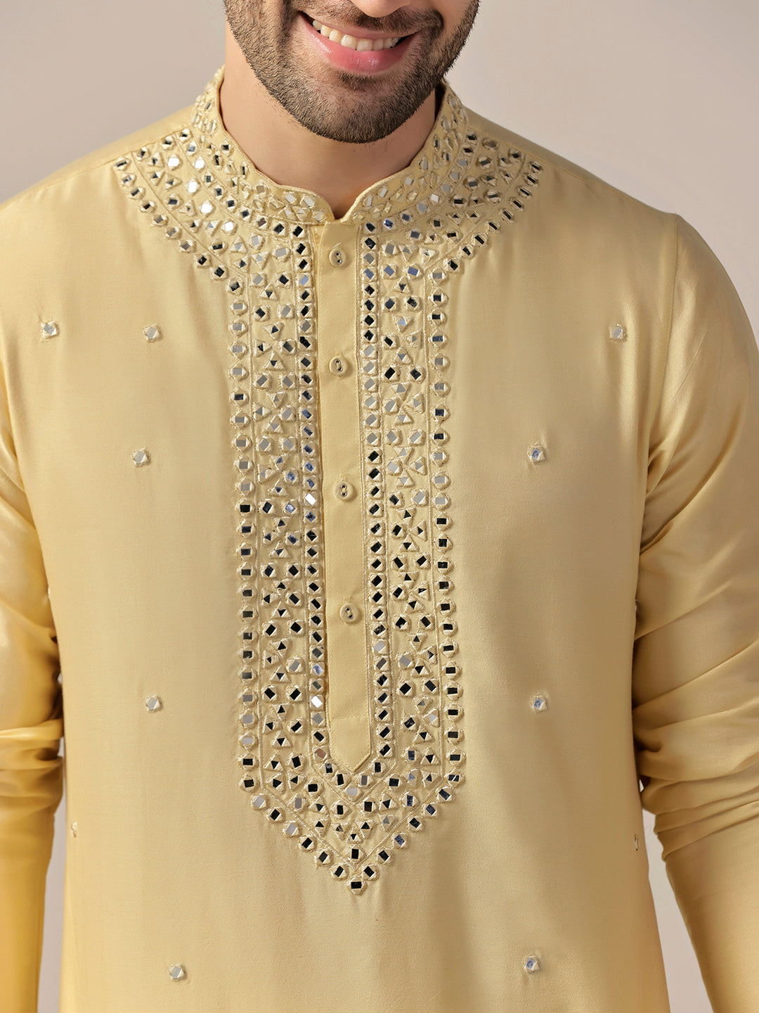 Yellow Silk Blend Heavy Mirror Work Kurta