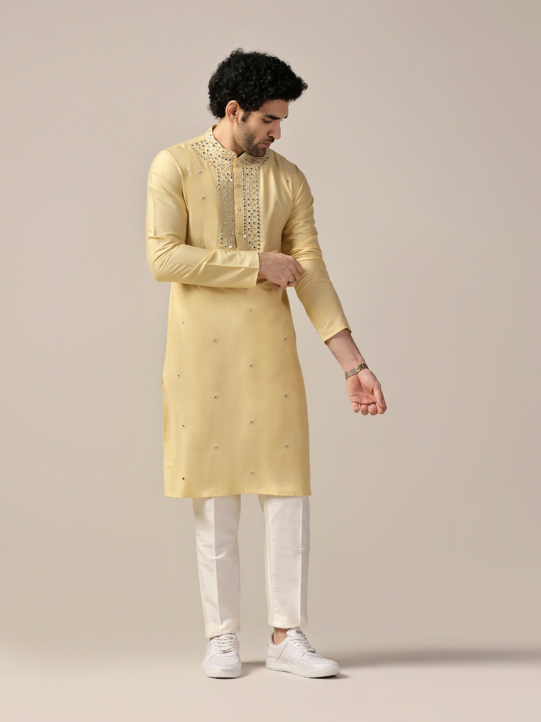 Yellow Silk Blend Heavy Mirror Work Kurta