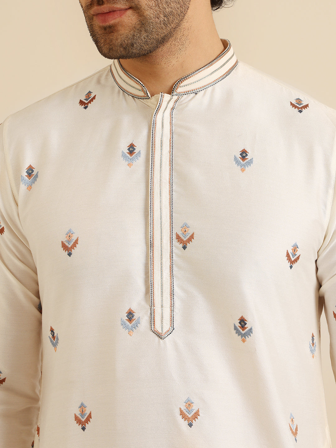 Cream Silk Blend Embroidered Kurta