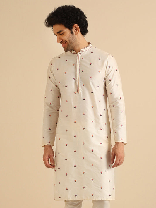 Cream Cotton Blend Embroidered Kurta