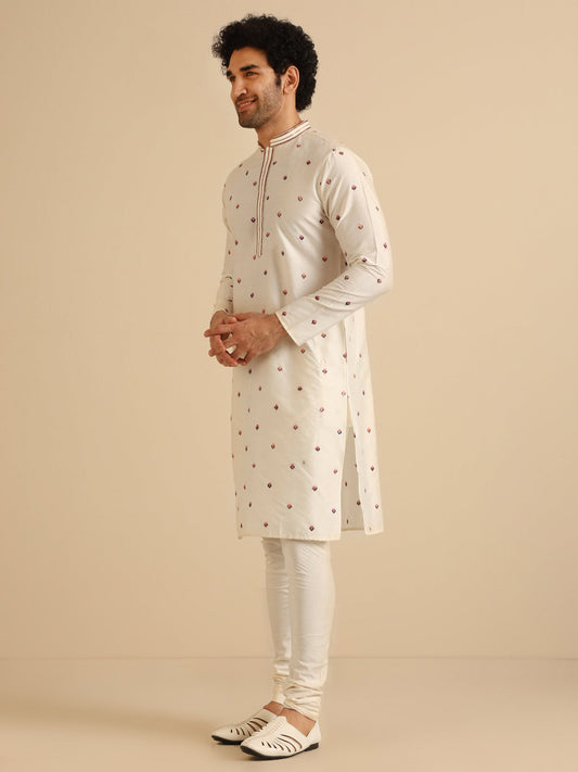 Cream Cotton Blend Embroidered Kurta