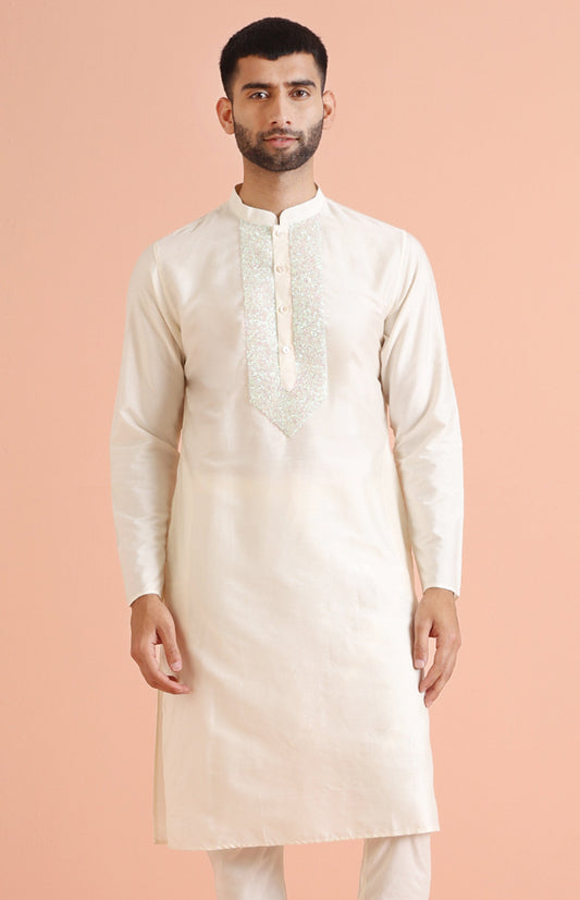 Cream Silk Blend Sequin Work Kurta