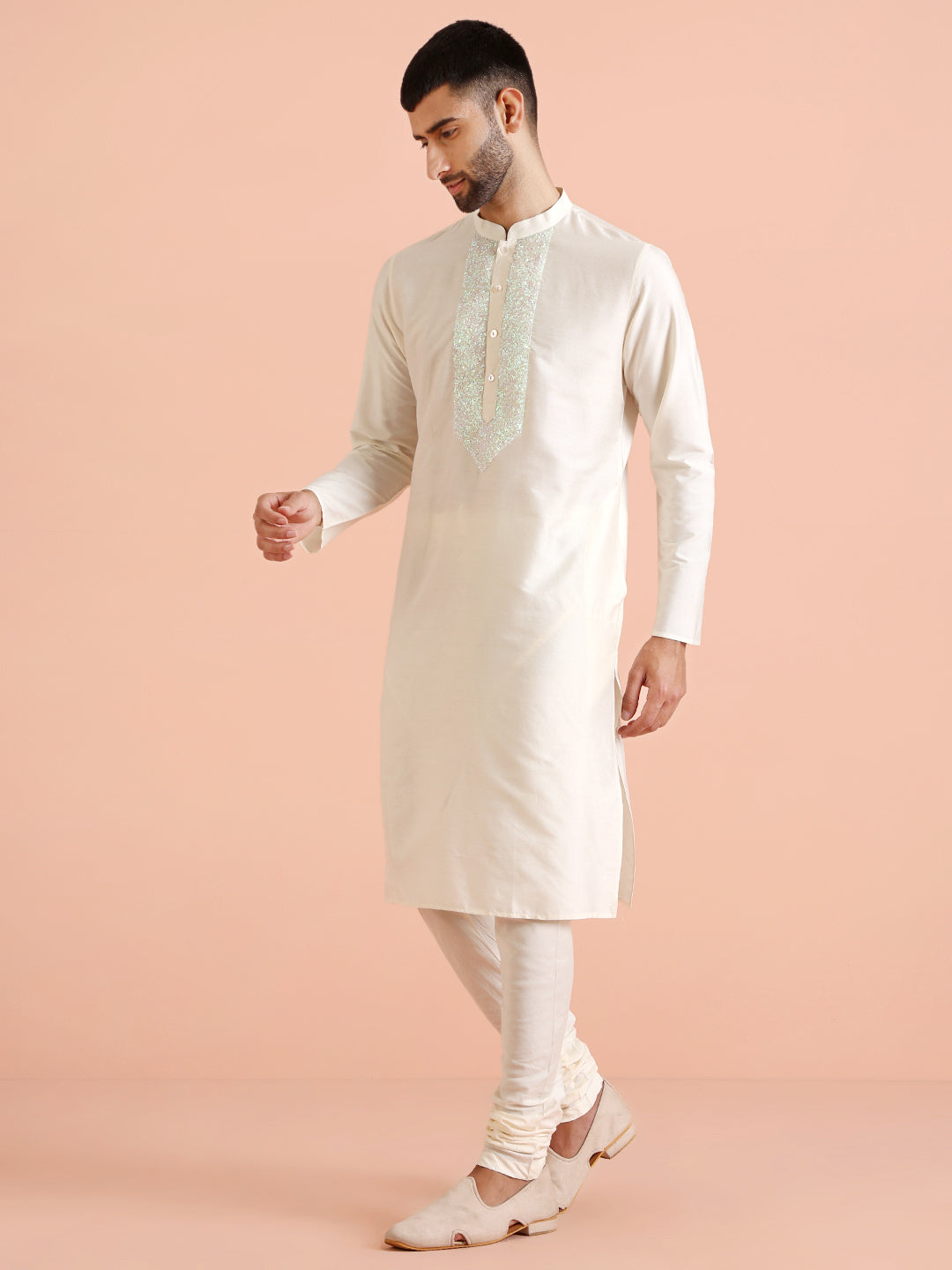 Cream Silk Blend Sequin Work Kurta