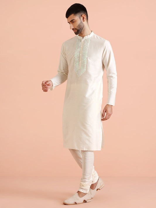 Cream Silk Blend Sequin Work Kurta