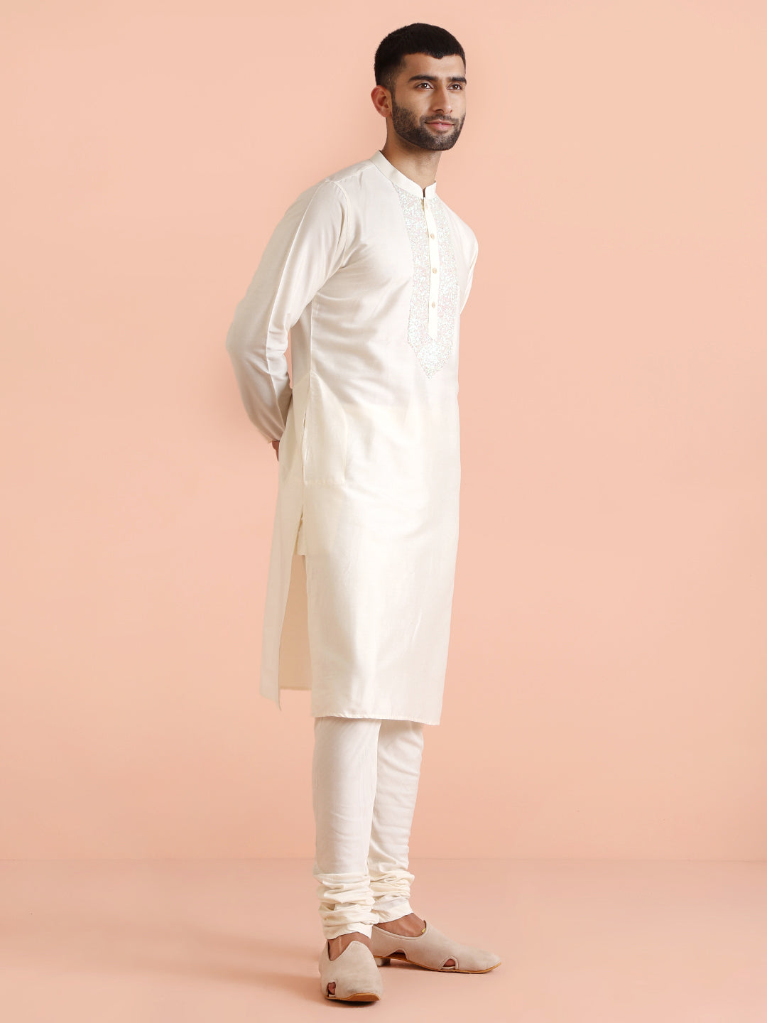 Cream Silk Blend Sequin Work Kurta