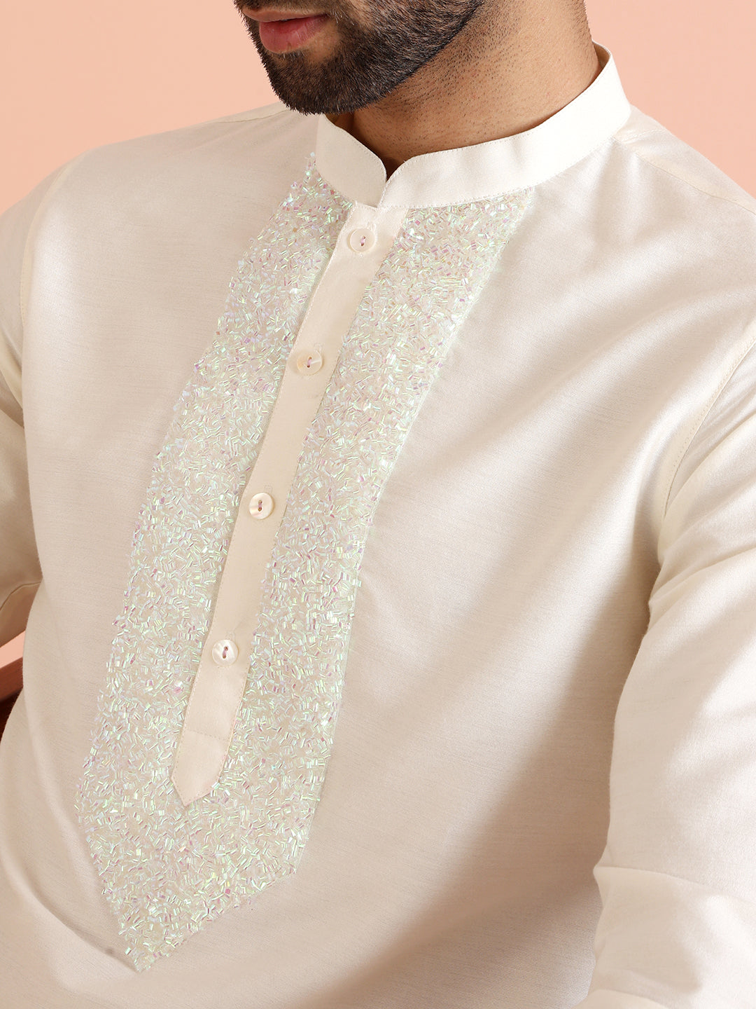 Cream Silk Blend Sequin Work Kurta