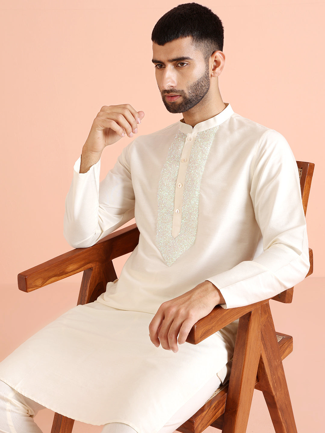 Cream Silk Blend Sequin Work Kurta