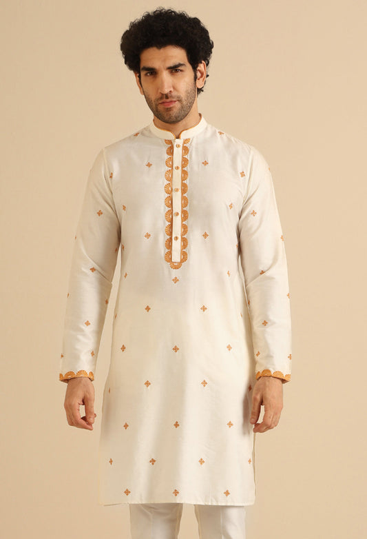 Cream Silk Blend Golden Embroidered Kurta