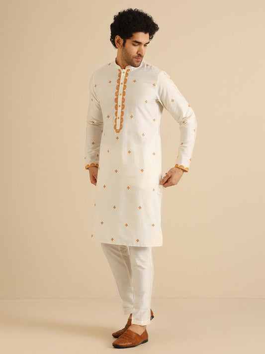 Cream Silk Blend Golden Embroidered Kurta