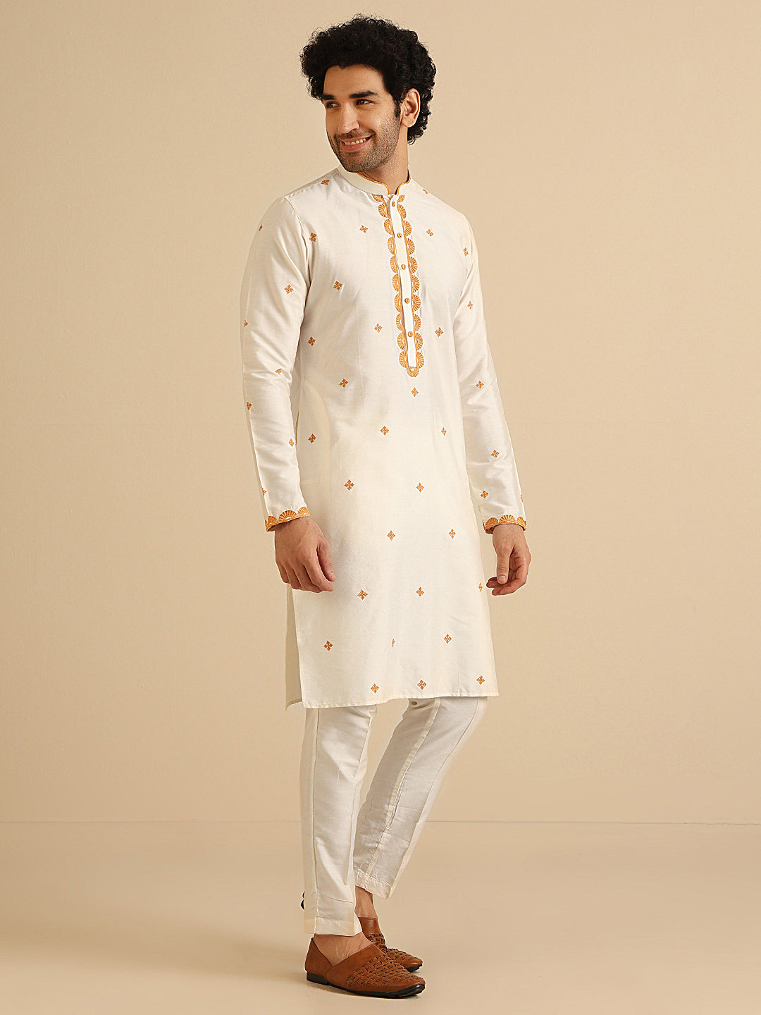 Cream Silk Blend Golden Embroidered Kurta