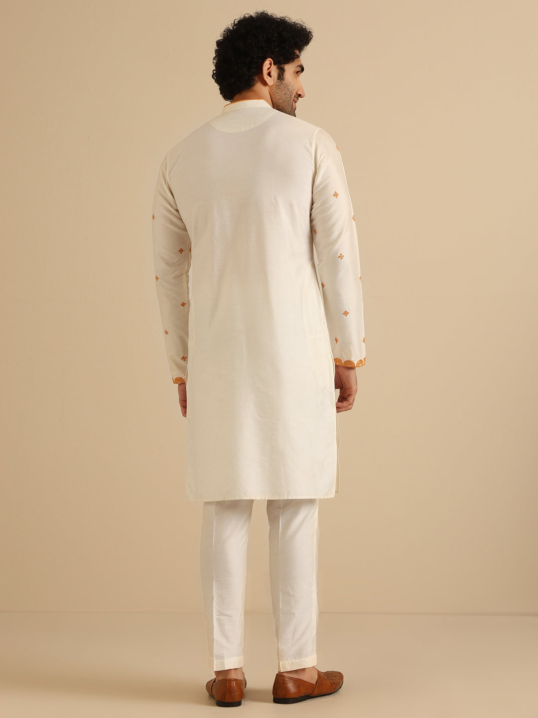 Cream Silk Blend Golden Embroidered Kurta