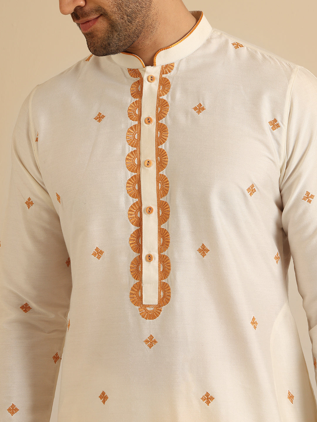 Cream Silk Blend Golden Embroidered Kurta