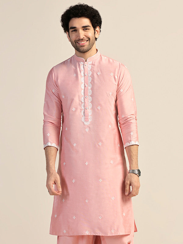 Baby Pink Silk Blend Embroidered Kurta
