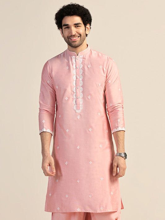 Baby Pink Silk Blend Embroidered Kurta