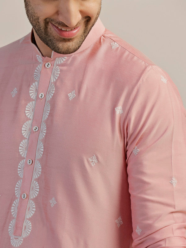 Baby Pink Silk Blend Embroidered Kurta