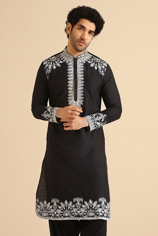 Black Cotton Embroidered Kurta