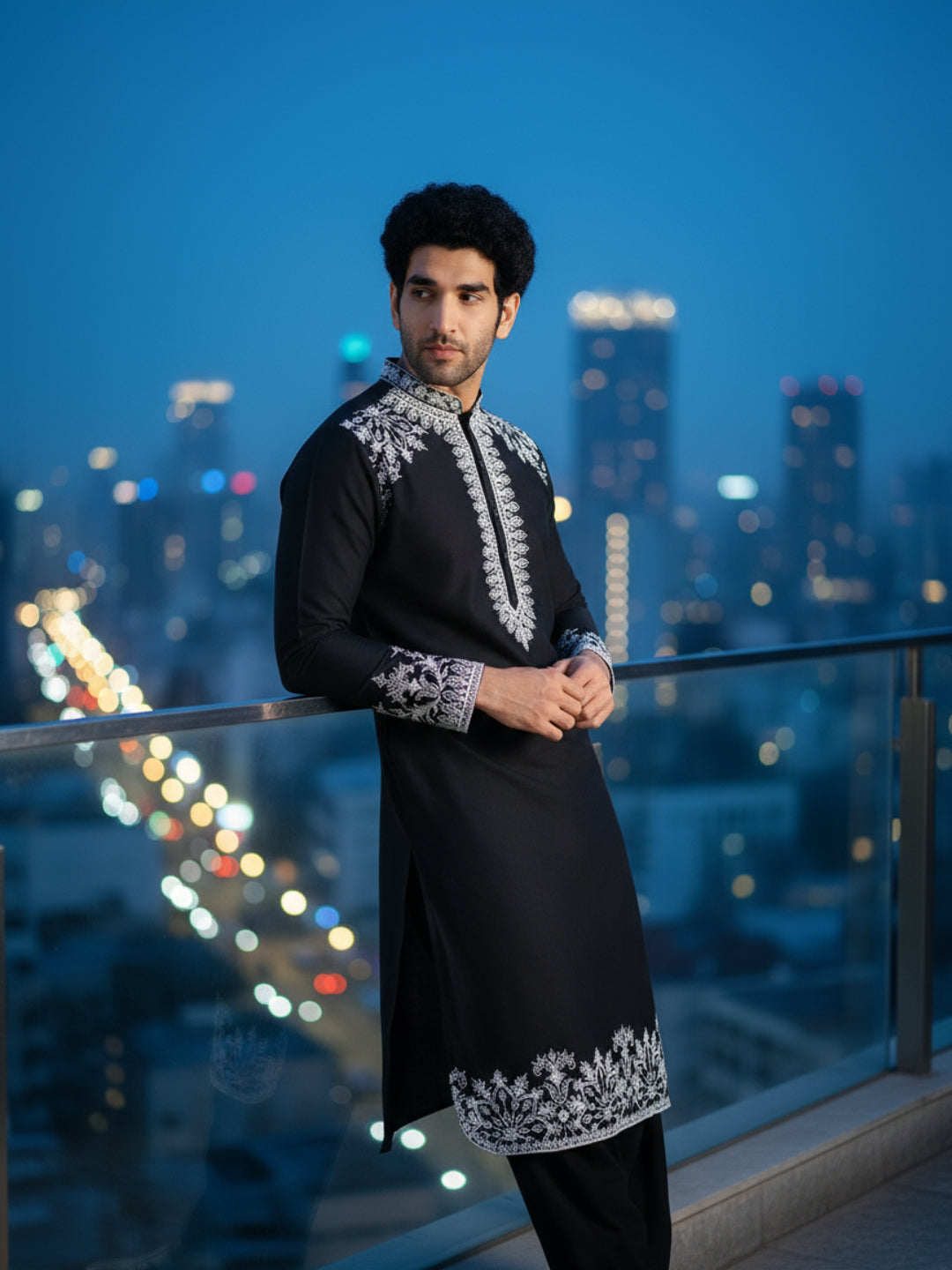 Black Cotton Embroidered Kurta