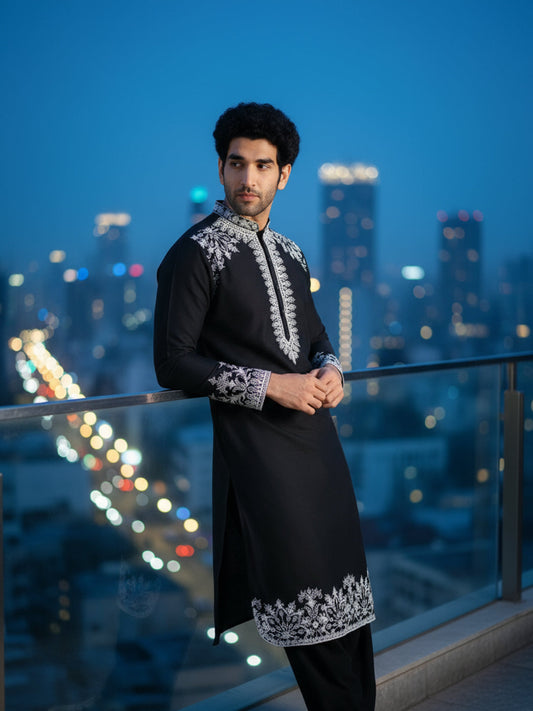 Black Cotton Embroidered Kurta