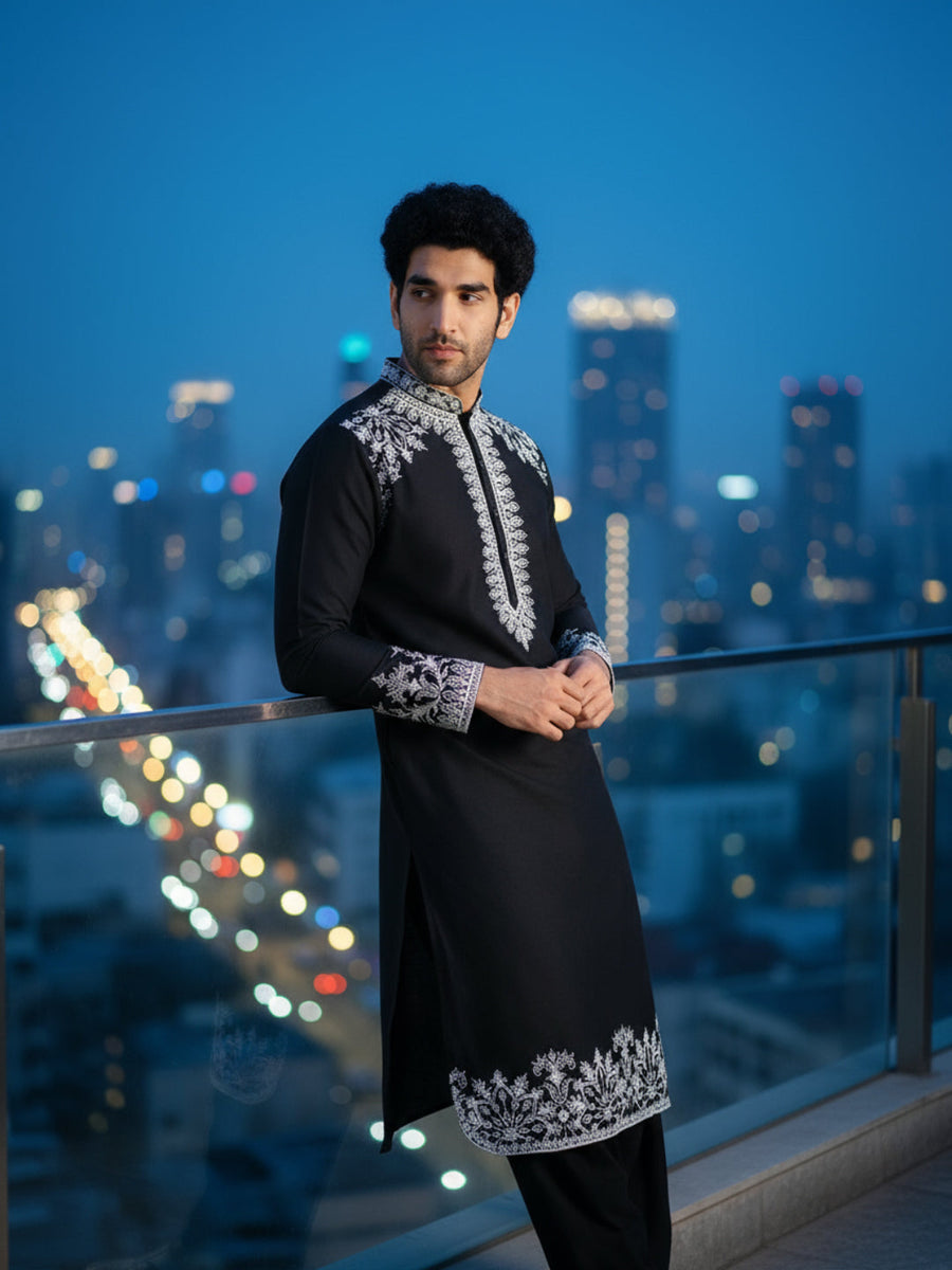 Black Cotton Embroidered Kurta