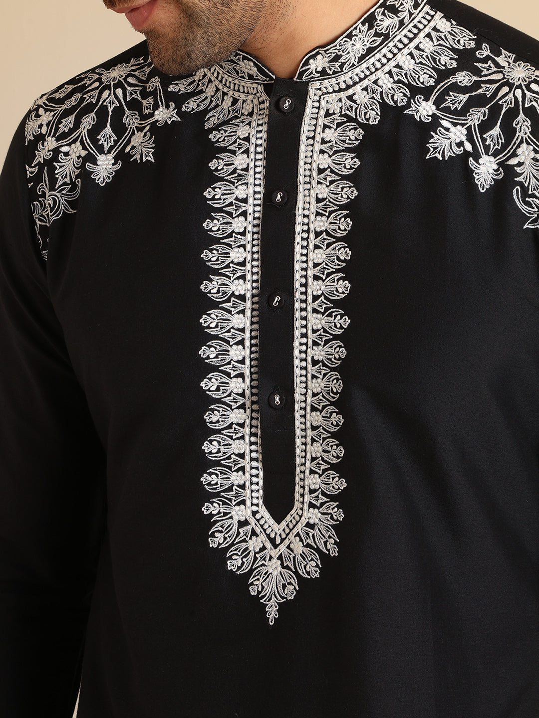 Black Cotton Embroidered Kurta