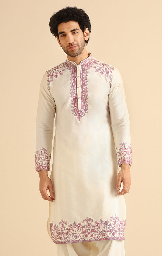 Cream Silk Blend Pink Embroidered Kurta