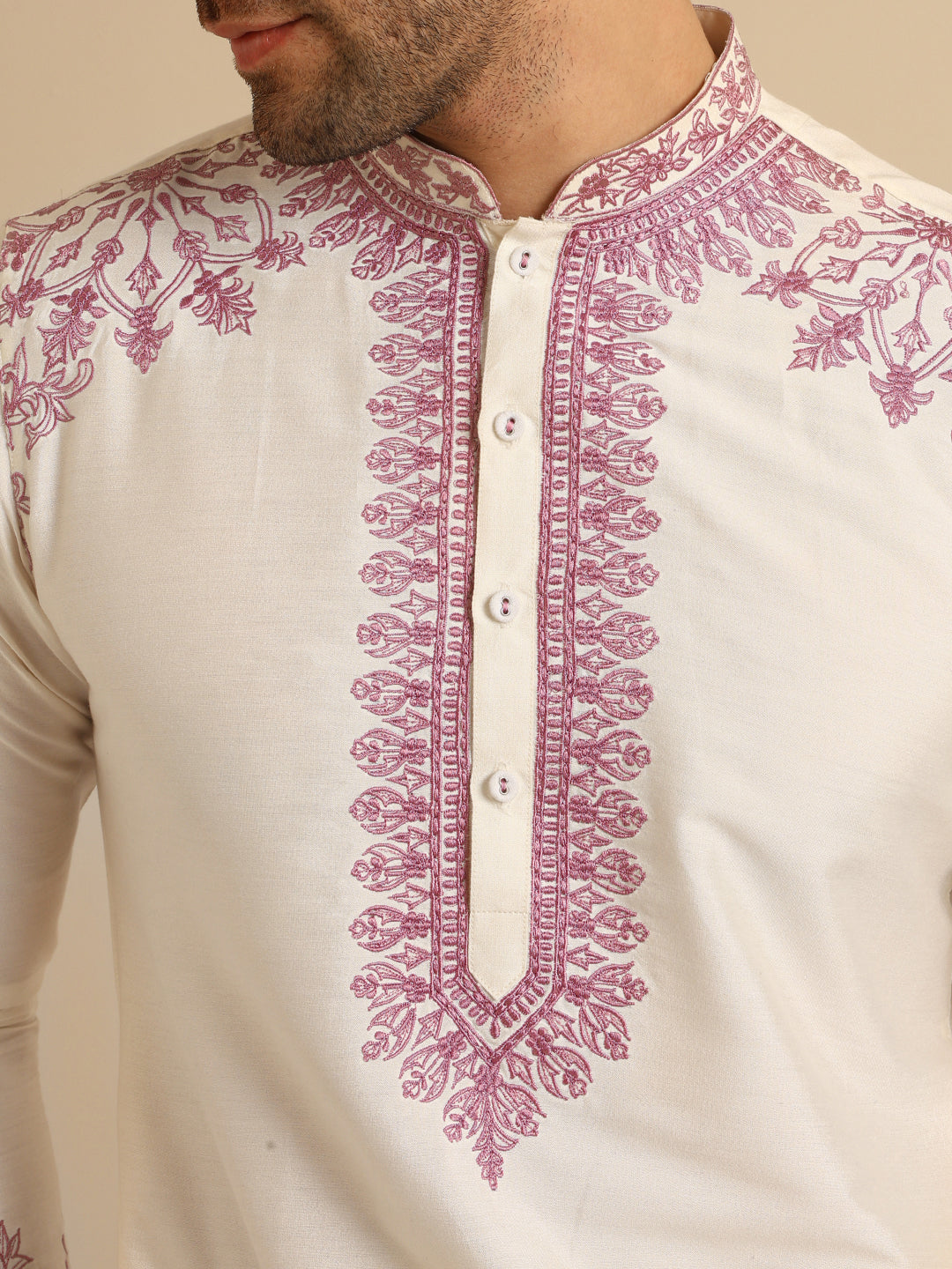 Cream Silk Blend Pink Embroidered Kurta