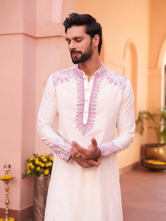 Cream Silk Blend Pink Embroidered Kurta