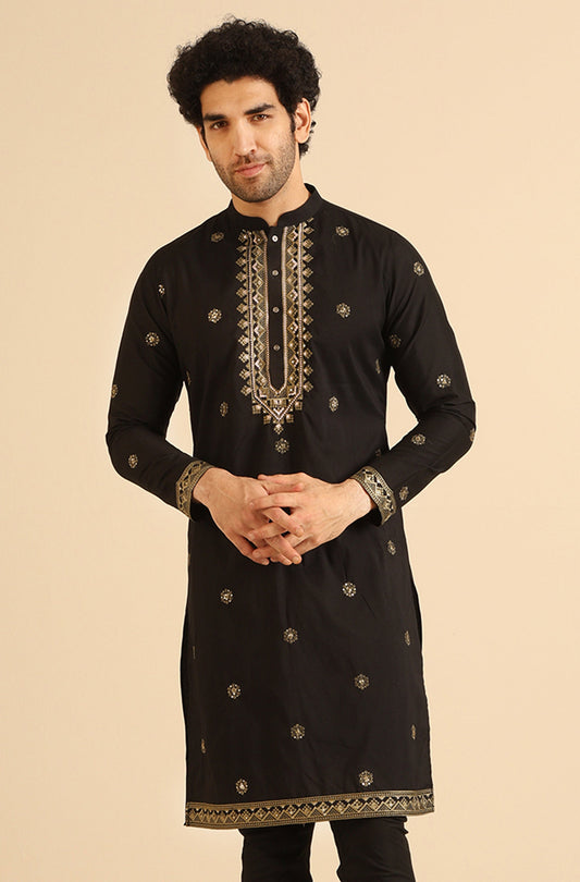 Black Silk Blend Heavy Embroidered Kurta
