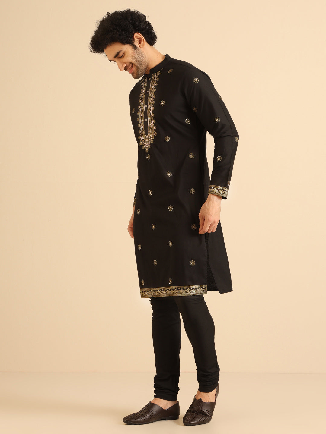 Black Silk Blend Heavy Embroidered Kurta