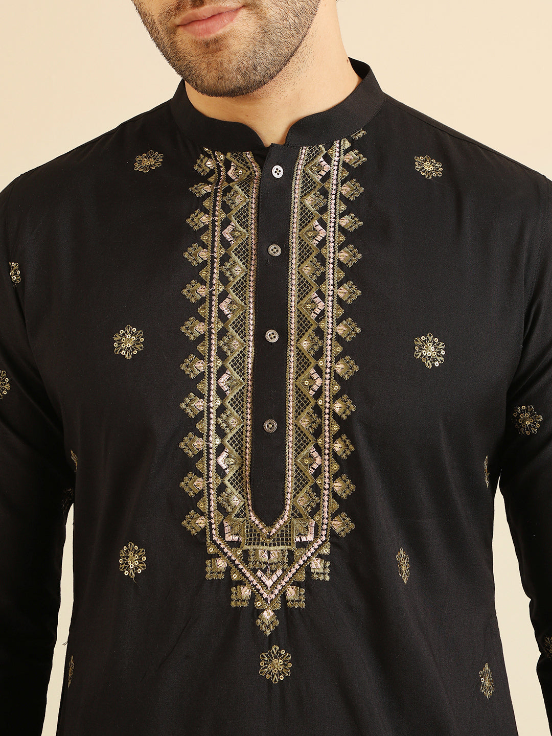 Black Silk Blend Heavy Embroidered Kurta