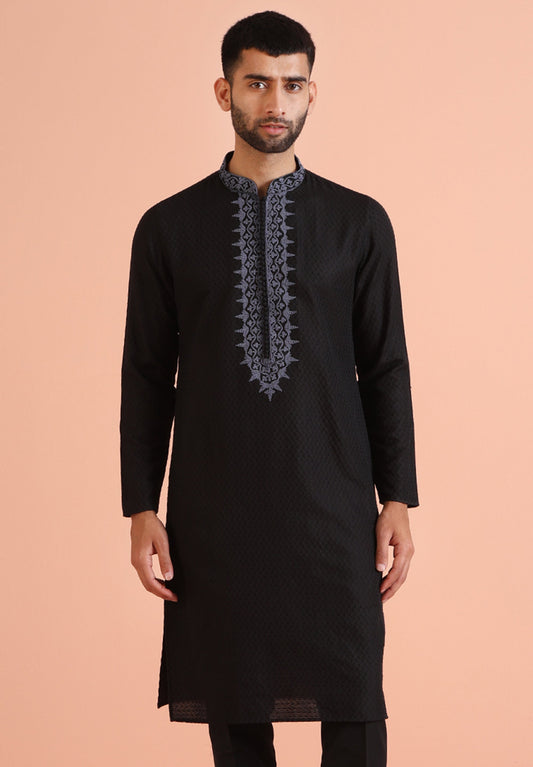 Black Textured Silk Blend Embroidered Kurta