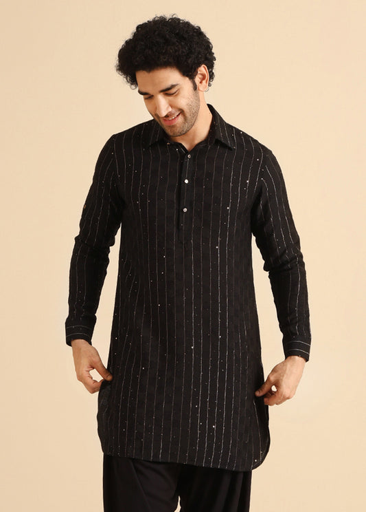 Black Silk Blend Sequins Striped Pathani Kurta