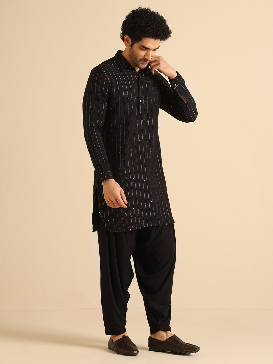 Black Silk Blend Sequins Striped Pathani Kurta