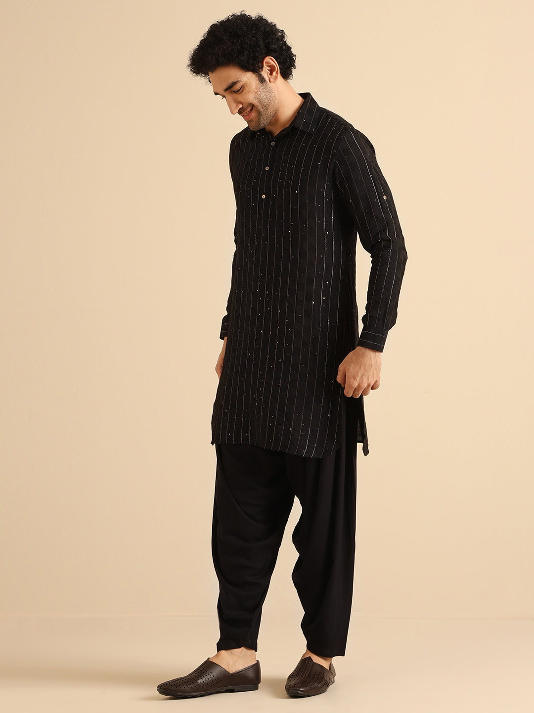Black Silk Blend Sequins Striped Pathani Kurta