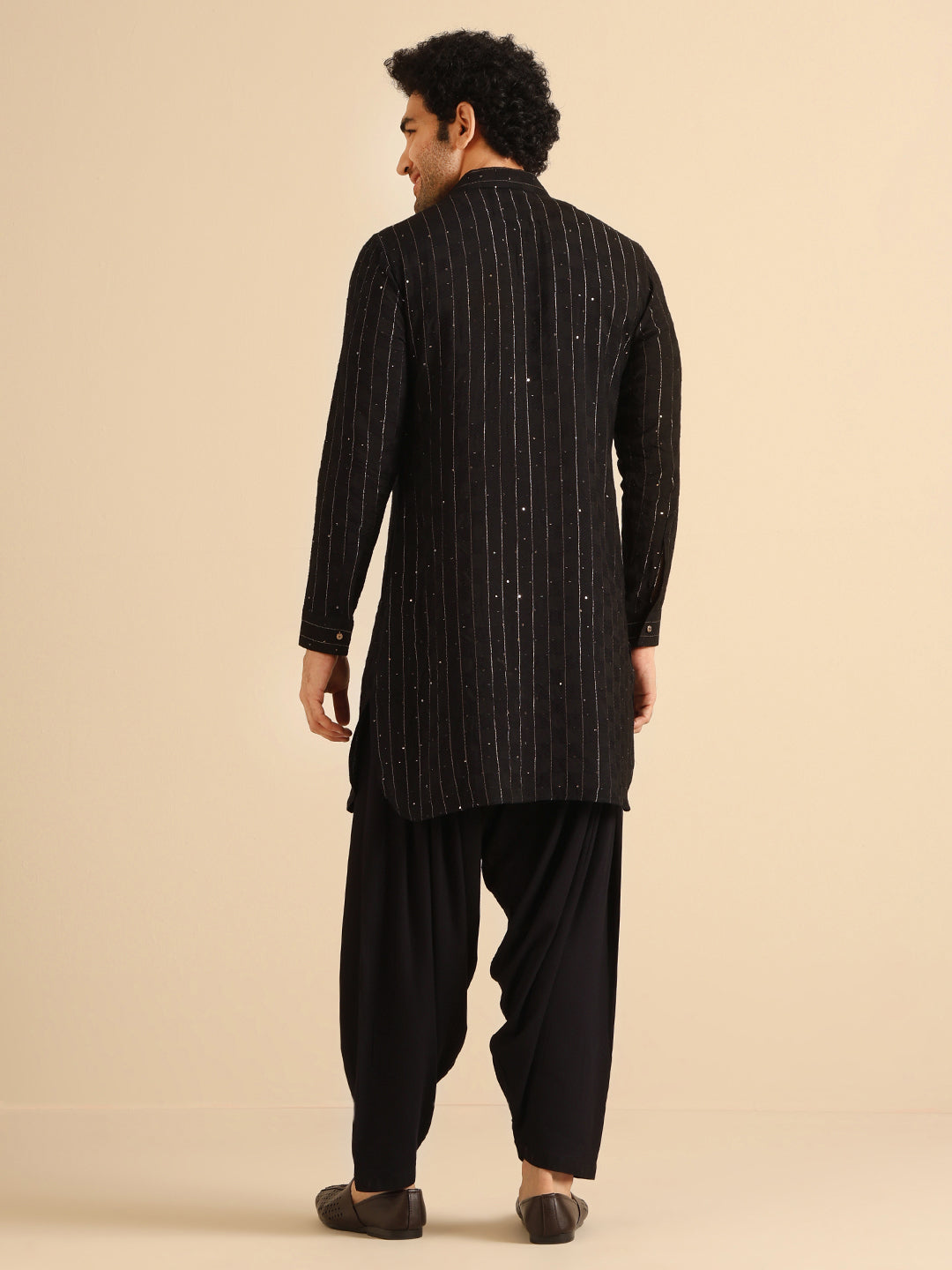 Black Silk Blend Sequins Striped Pathani Kurta