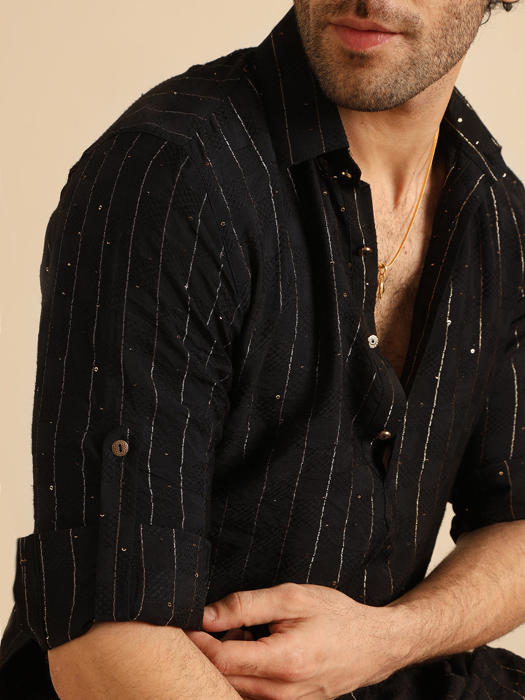 Black Silk Blend Sequins Striped Pathani Kurta