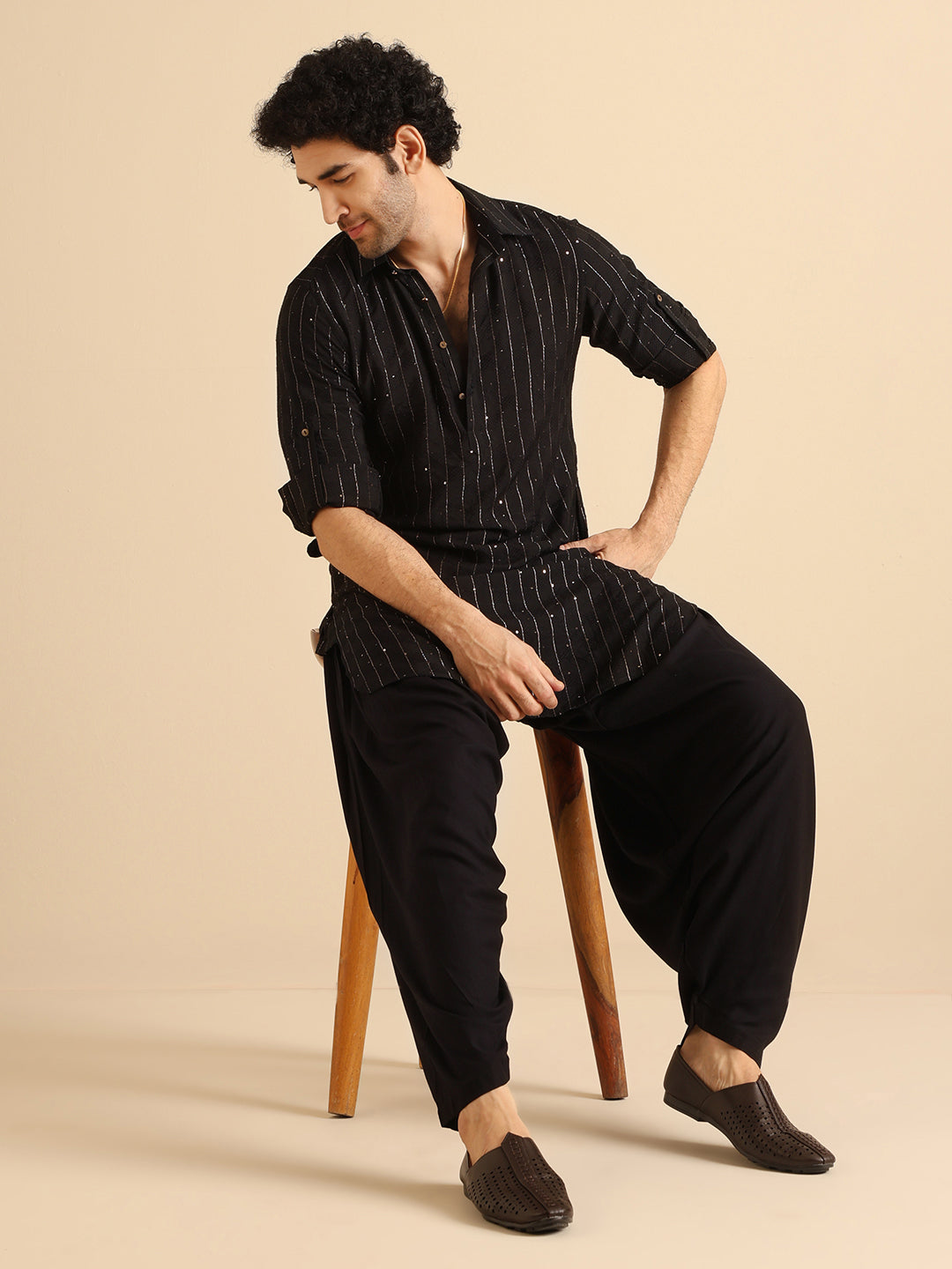 Black Silk Blend Sequins Striped Pathani Kurta