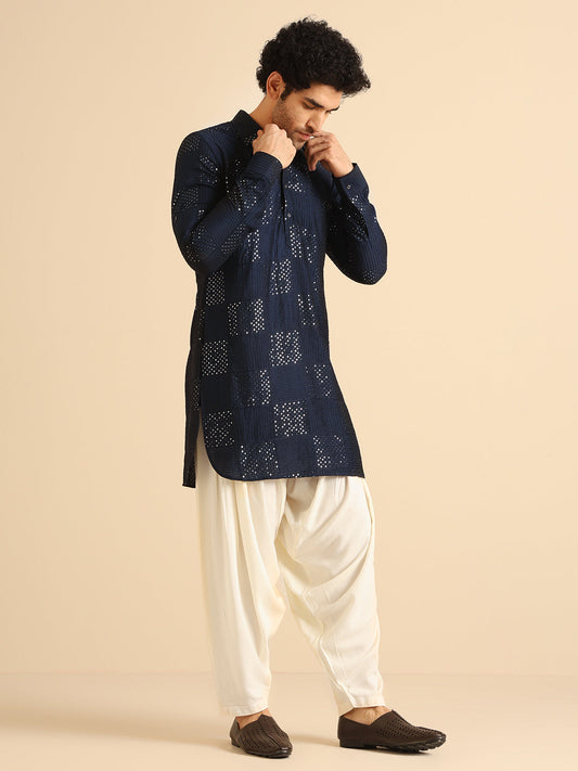 Navy Blue Sequinned Silk Blend Pathani Kurta