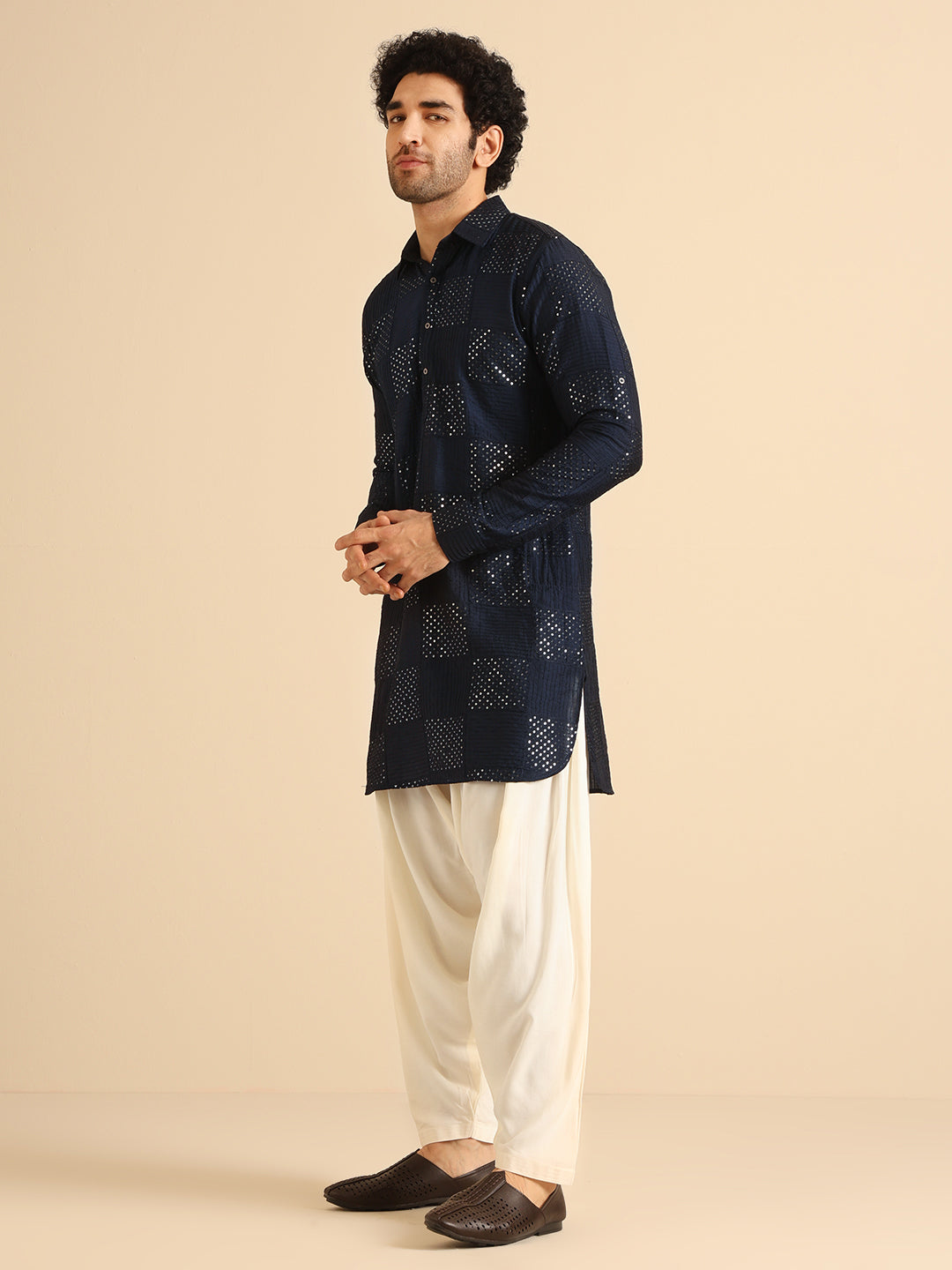 Navy Blue Sequinned Silk Blend Pathani Kurta
