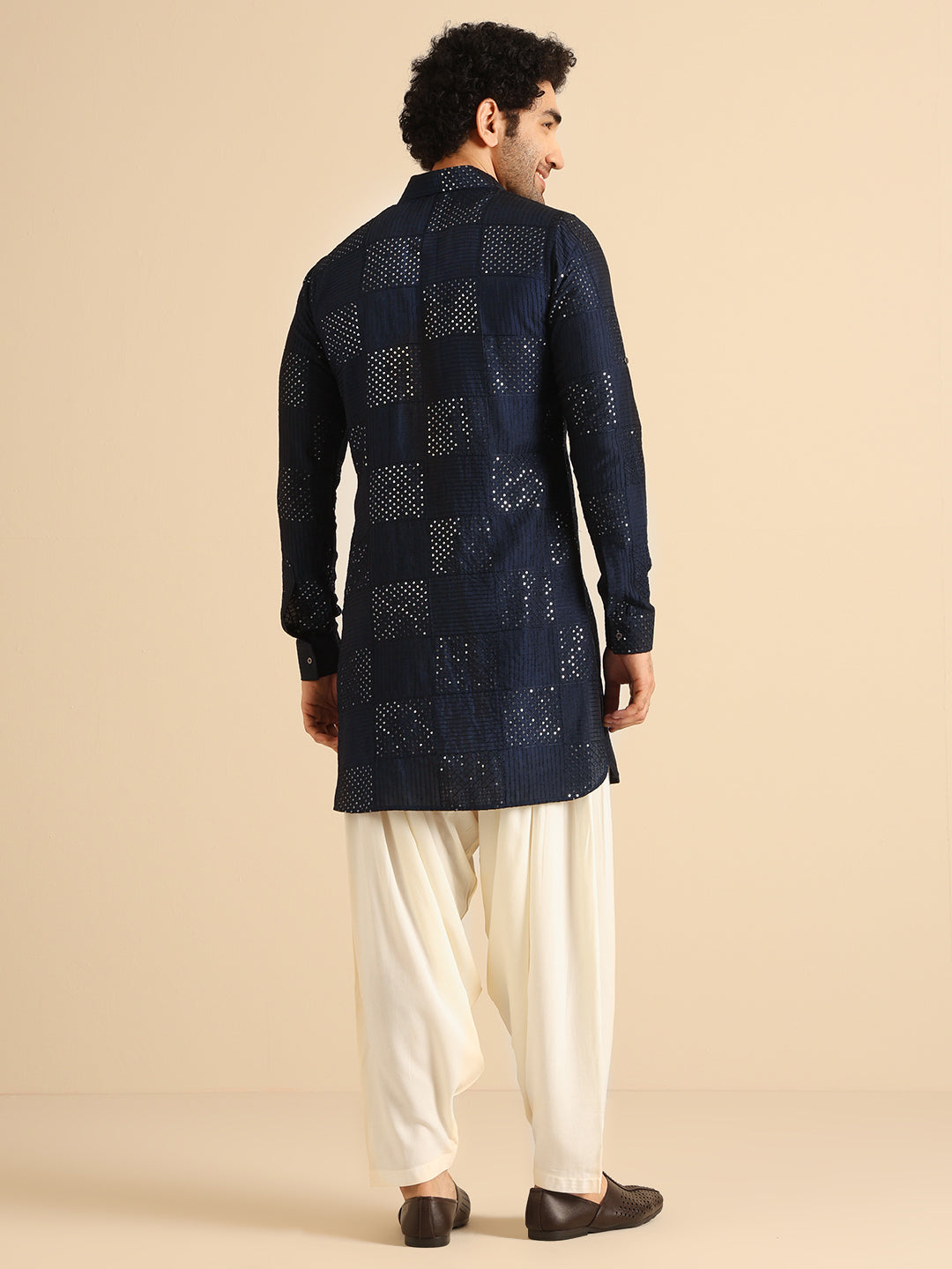Navy Blue Sequinned Silk Blend Pathani Kurta